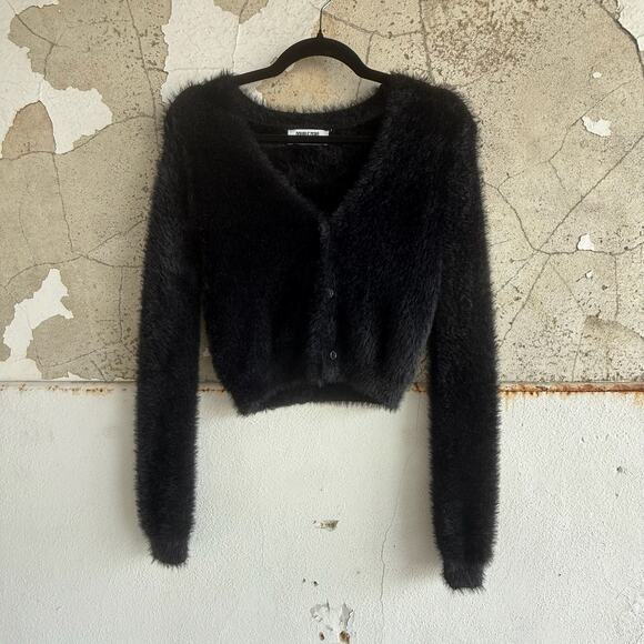 Fuzzy Cropped Cardigan Button Front Soft Knit Black V Neck Cozy Layering Sweater - Picture 1 of 6